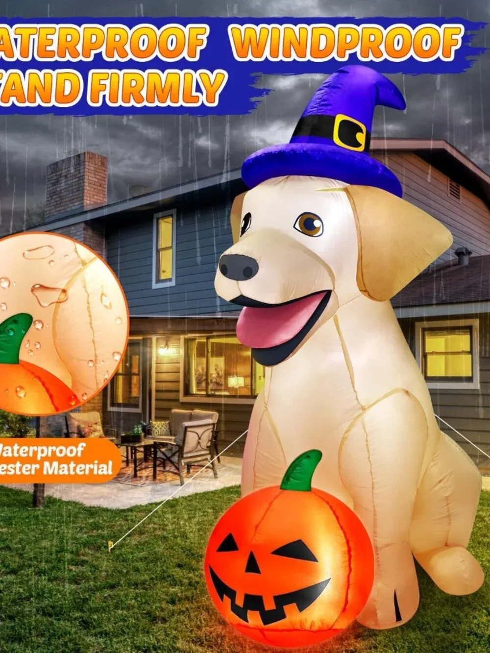 5FT Halloween Inflatable Lab Dog Pumpkin Witch Hat LED Outdoor Yard Decoration